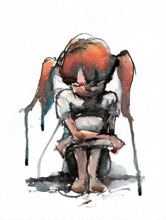 watercolor illustration of girl sitting and hugging her knees,