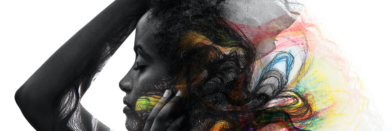 The Struggle to Maintain 'High-Functioning' Bipolar Disorder Woman's portrait blended with an outburst of colour