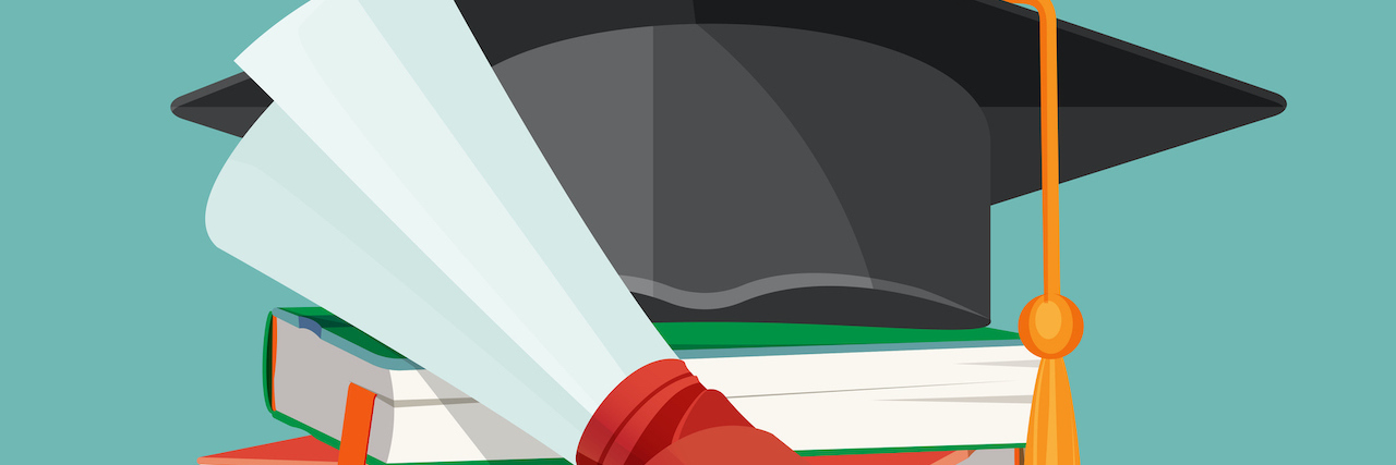 The Challenges of Graduating College When You Have Mental Illness Degree scroll on background of pile of books and black graduation cap