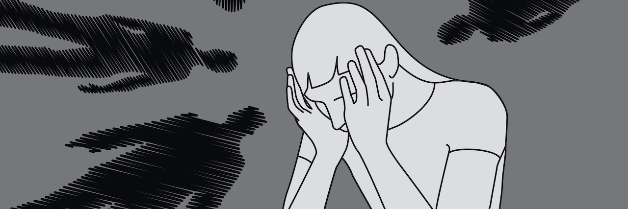 When the Psychiatric Hospital Doesn't Help Suicidal Thoughts Illustration of a woman with her head in her hands, dark figures around her.