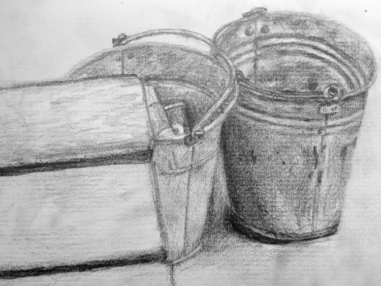 A pencil drawing of two buckets