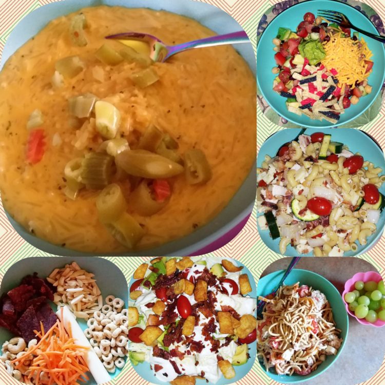 Collage of different meals that show a variety, including: soup, salad, pasta, snacks and fruit.