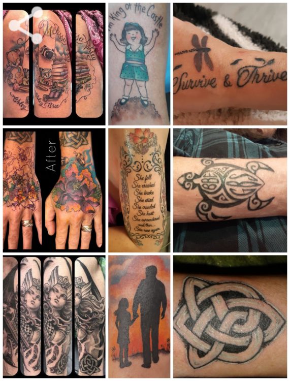 collage of Jennifer's tattoos.