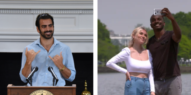 [Left] Nyle DiMarco being honored at an event [Right} Two members of the Deaf U cast taking a photo together