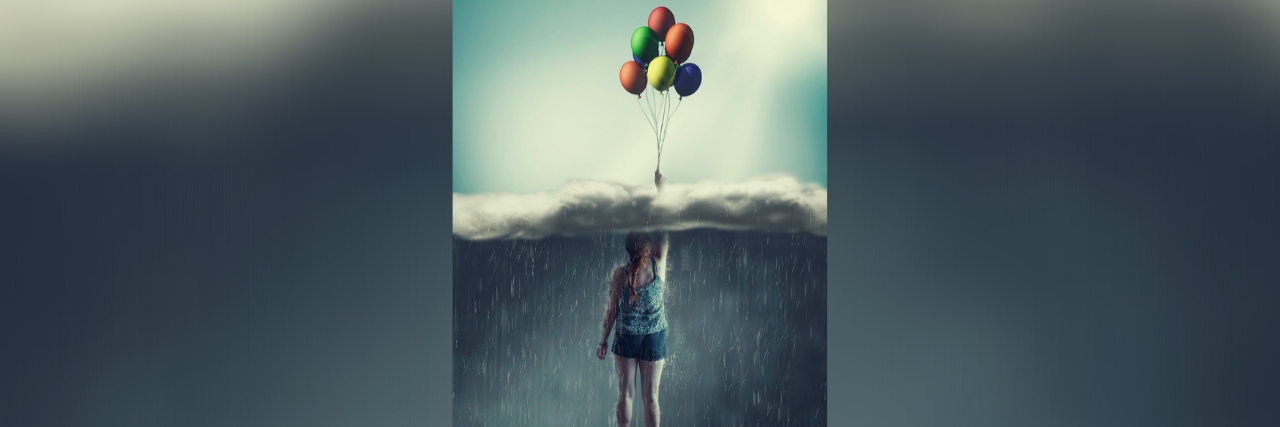 There Is Hope After Surviving a Suicide Attempt Illustration of a woman holding onto balloons that lift her through a stormy rain cloud