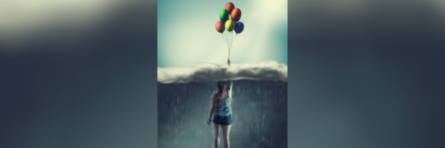 Illustration of a woman holding onto balloons that lift her through a stormy rain cloud