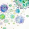 Watercolor illustration of COVID-19 virus particles in various sizes