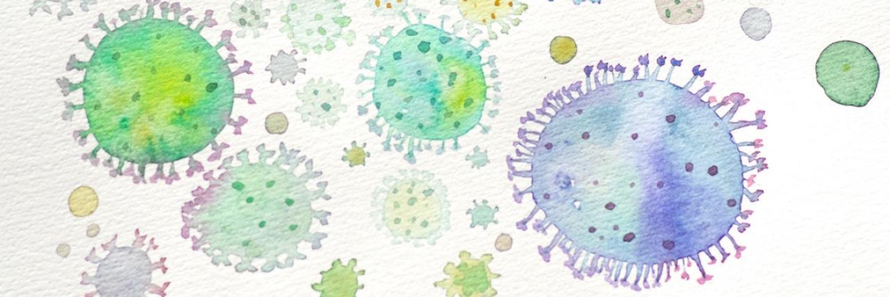 Is COVID-19 an Airborne Virus? Watercolor illustration of COVID-19 virus particles in various sizes