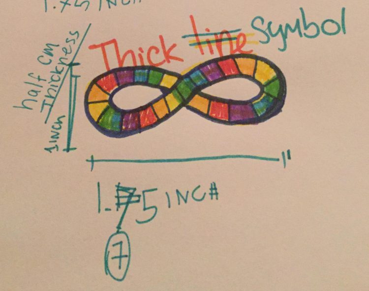 Hand-drawn design of a neurodiversity pride pin, an infinity sign with rainbow colors