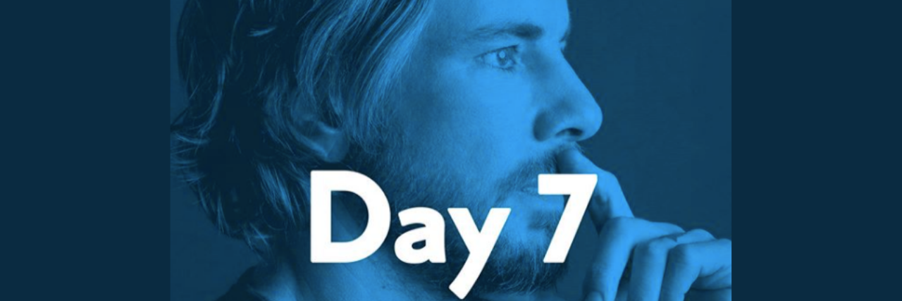 Profile image of Dax Shepard with a blue overlay and the text Day 7 overtop