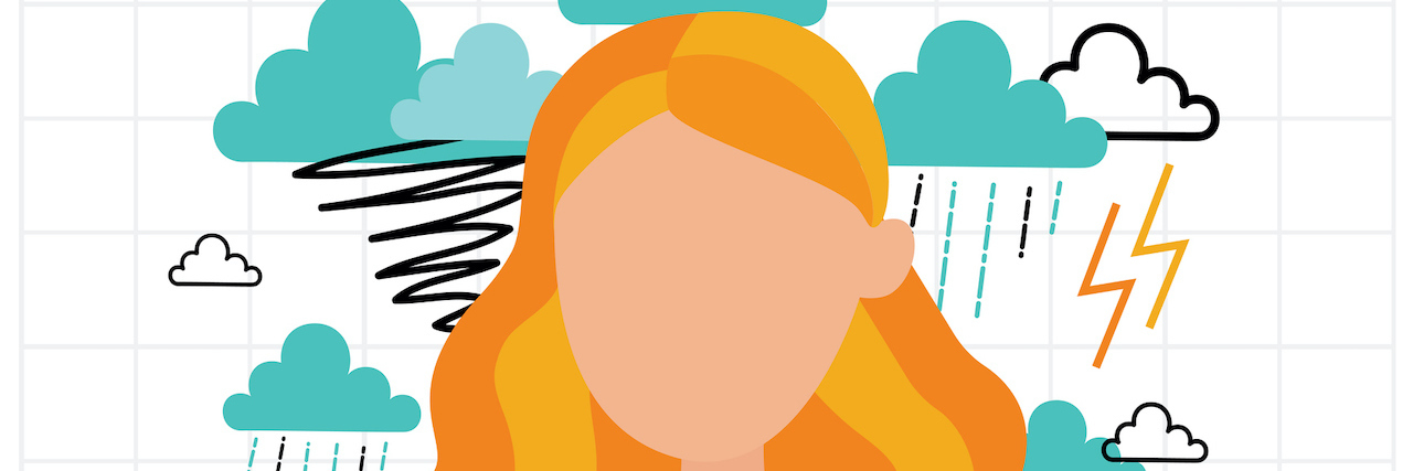 Exploring the Link Between PTSD and Chronic Body Pain Illustration of woman woman sitting under rain clouds and lightning bolts
