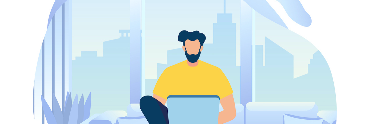 Writing About My Mental Illness to Connect With Others Illustration of man sitting on couch writing on laptop