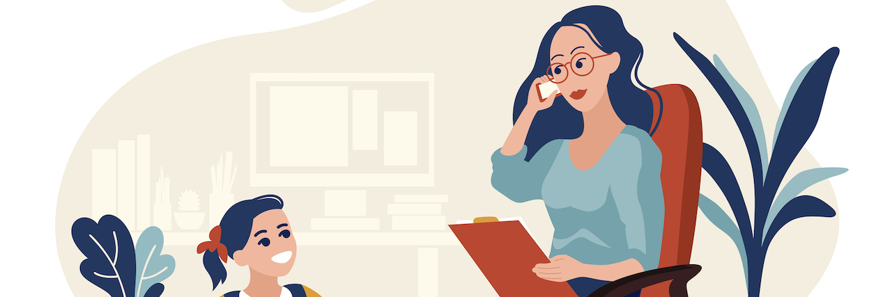 Illustration of mother on the phone with her daughter drawing next to her