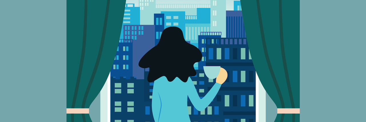 Illustration of woman standing and holding a cup near open window with landscape view of city skyline buildings