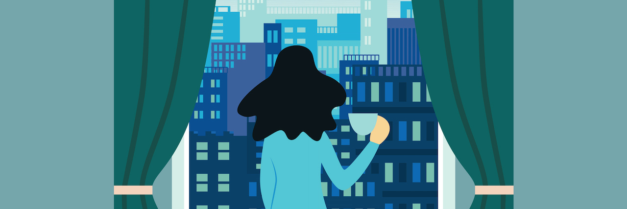 How Visiting Past Trauma Helped Me Let Go and Reclaim It Illustration of woman standing and holding a cup near open window with landscape view of city skyline buildings