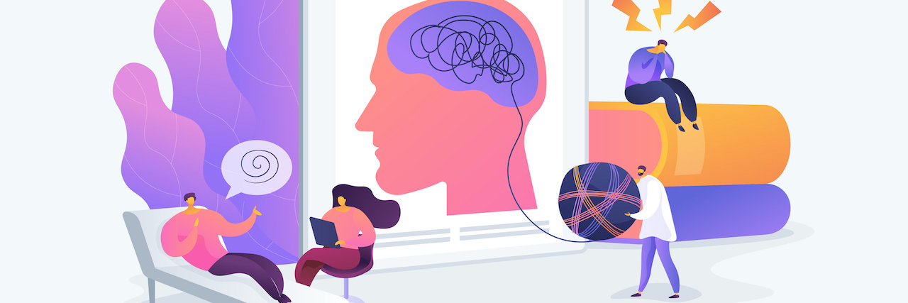 Illustration of a therapist talking to a client, trying to untangle thoughts from a brain
