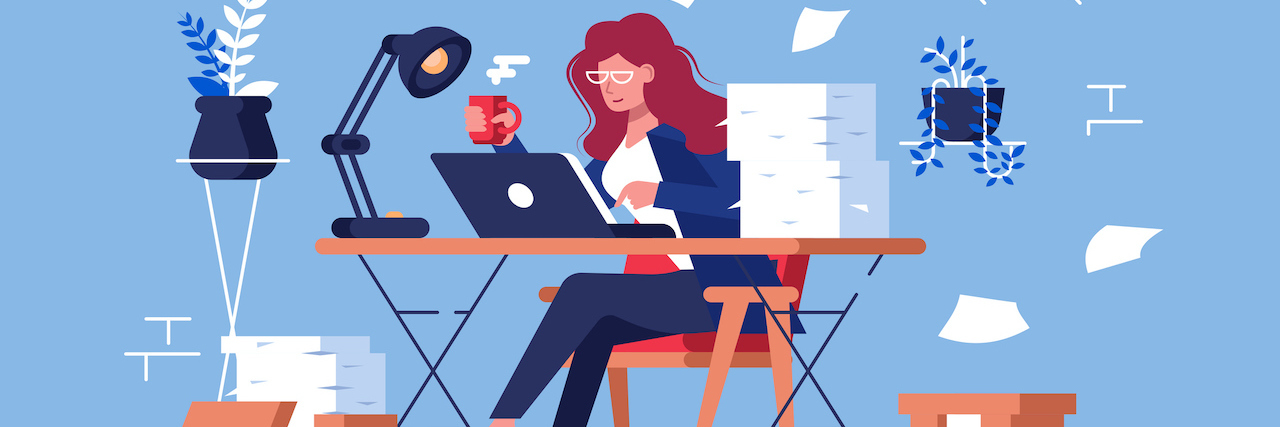 What It's Like Working With Bipolar and Psychosis Illustration of a woman sitting at her desk, with papers flying around her