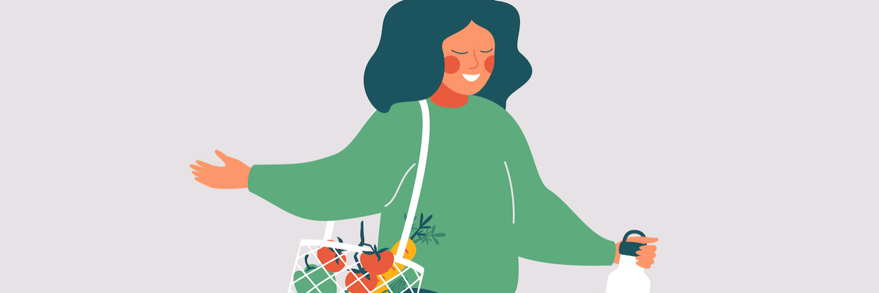 How Self-Compassion Helped My Anxious Thoughts Illustration of woman holding bag of groceries and reusable water bottle