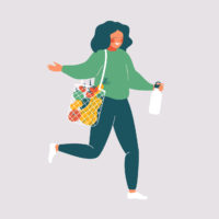 Illustration of woman holding bag of groceries and reusable water bottle