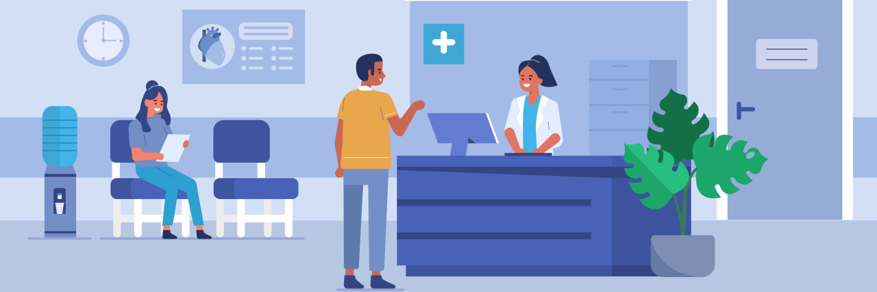 How to Use Health Insurance for Mental Health Care in California Man talking with the woman receptionist at the hospital room. Patient waiting for the doctor.