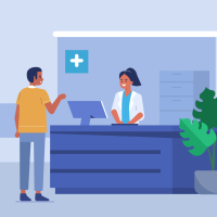 Man talking with the woman receptionist at the hospital room. Patient waiting for the doctor.