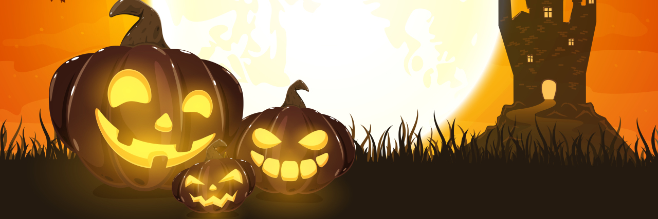 5 Tips for a Sensory-Friendly Halloween Halloween pumpkins with castle. Moon on orange night background. Card with Jack O' Lanterns, bats, ghosts and black spiders.