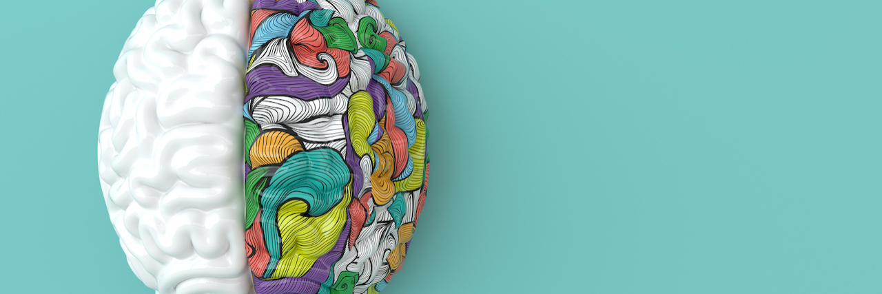 Could There Be an Overlap Between Ehlers-Danlos Syndrome and Autism? 3D brain rendering on a teal background. One half of the brain is plain white, the other half is covered in colorful shapes