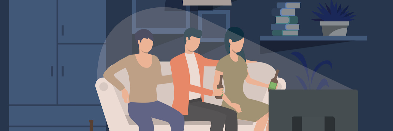 Distracting Myself From the Grief of Losing My Father With Reality TV Illustration of three people sitting on couch and watching TV at home