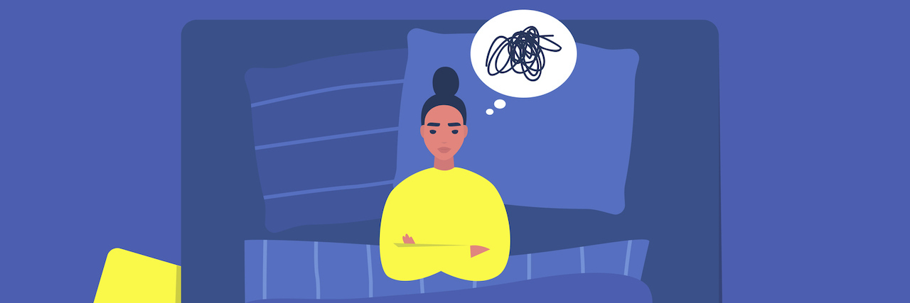 Illustration of woman awake in bed at night