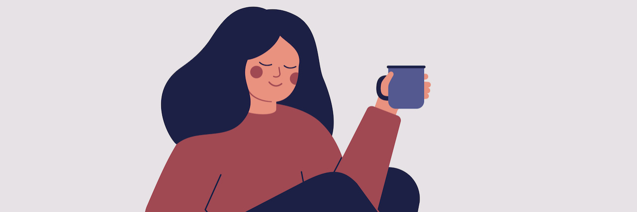 Accepting My Anxiety Disorder as an Integral Part of Me Illustration of woman drinking coffee and writing in notebook