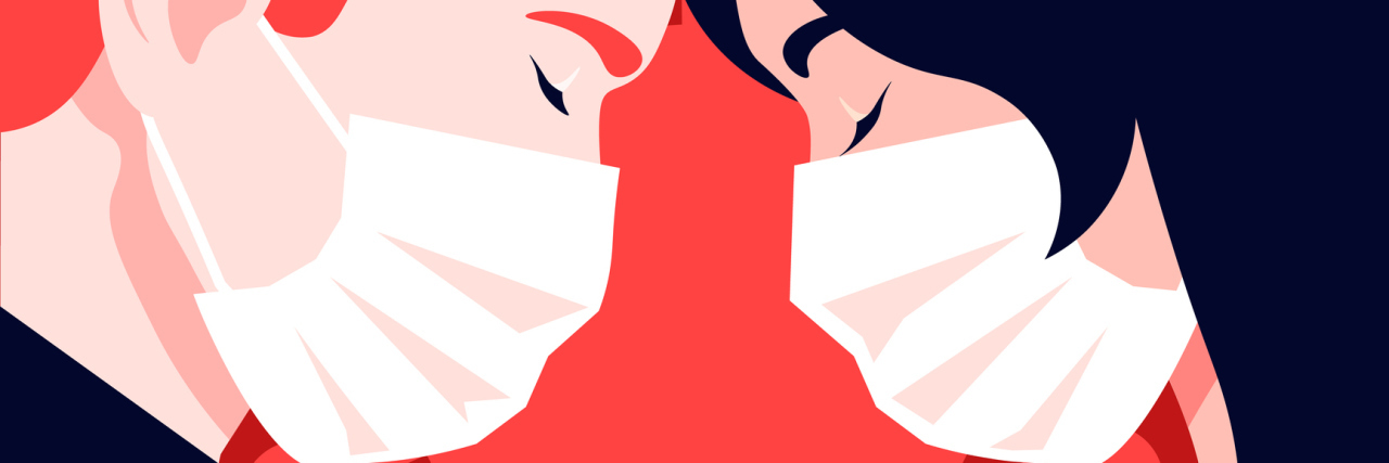 We Need to Treat Mental Health as Physical Health profile illustration of two faces leaning against each other with coronavirus concept between them