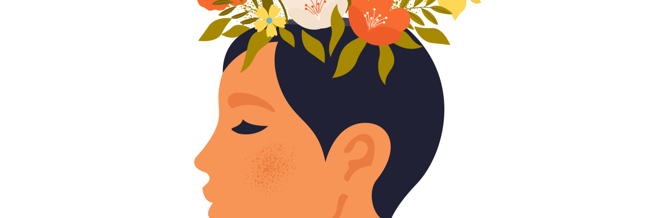 Illustration of a woman's face with flowers on her head.