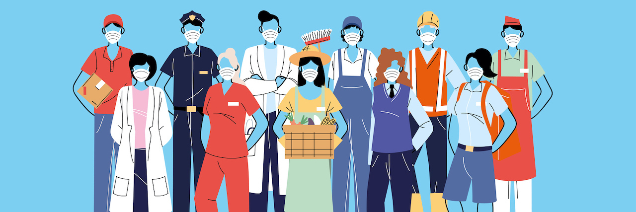 Illustration of a diverse group of frontline workers from different occupations wearing masks