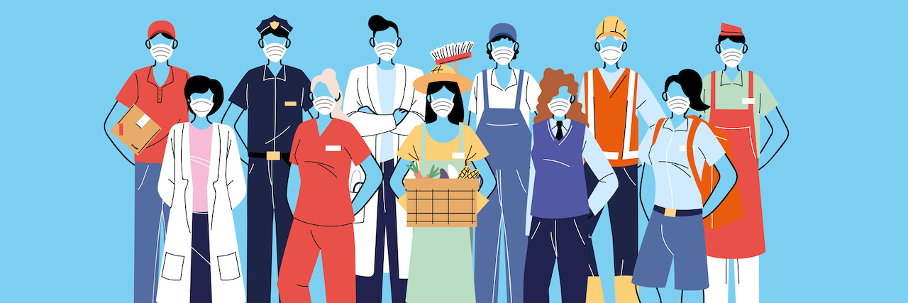 We Need to Show Pandemic Frontline Workers Respect and Support Illustration of a diverse group of frontline workers from different occupations wearing masks