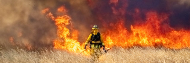 Wildfire raging across grass meadow in California
