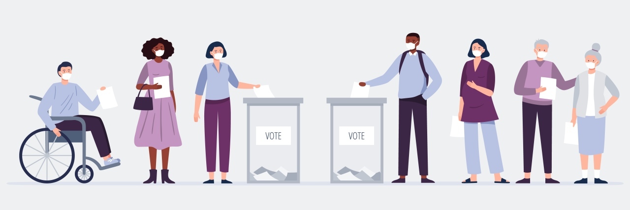 Disabled Americans Still Face Barriers to Voting Voters in masks, including a disabled voter, casting ballots at the polling place.