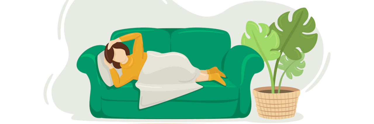 Coping With the Physical and Mental Toll of Multiple Sclerosis Illustration of woman laying on couch under a blanket, holding her head