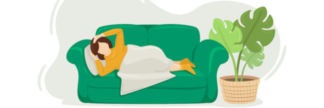 Illustration of woman laying on couch under a blanket, holding her head