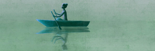 Illustration of woman in rowboat on water