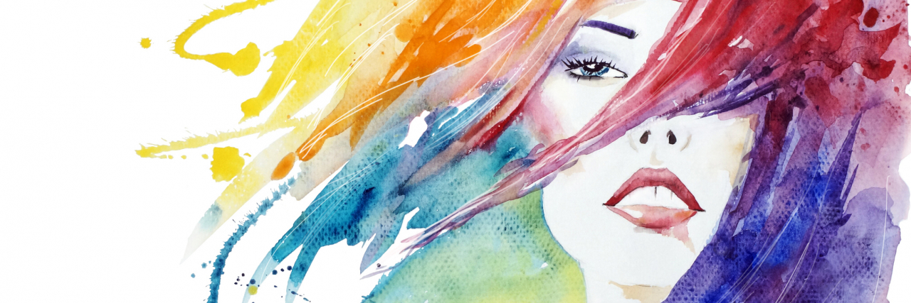 watercolor image of a face with red lipstick and rainbow hair
