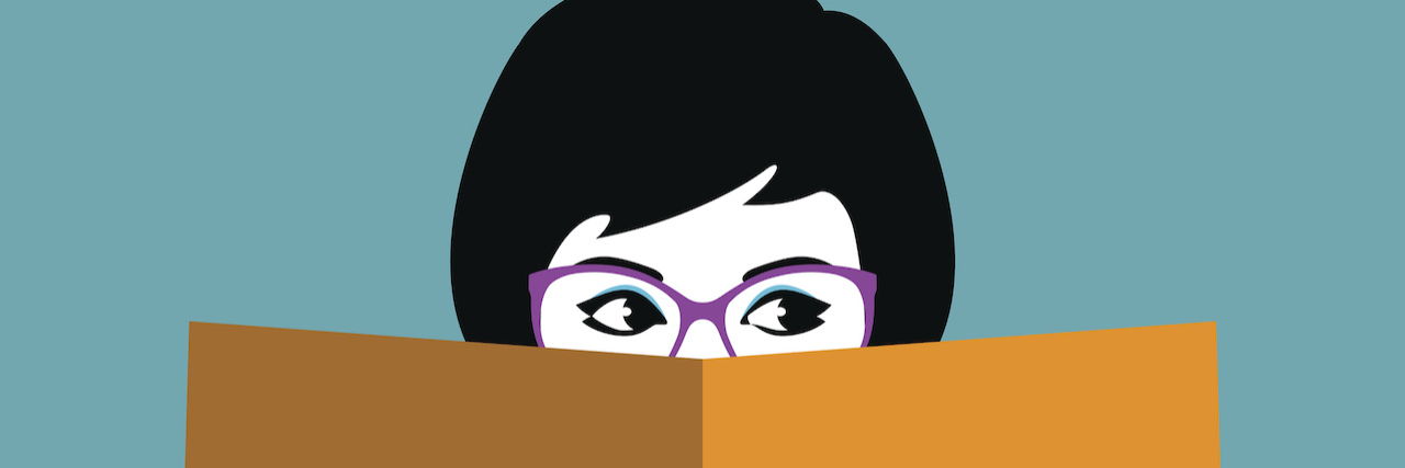 Illustration of woman wearing glasses holding a book that obscures the bottom half of her face
