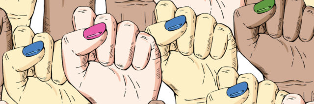 Drawing of fists with different colored nail polish