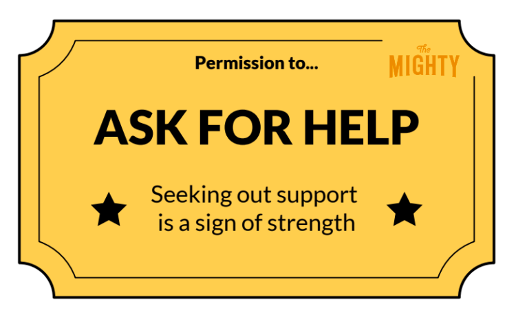 A permission slip on a gold background with black text that reads: Permission to ask for help. Seeking out support is a sign of strength
