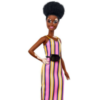 image of a Barbie doll with vitiligo spots, wearing a pink and yellow dress