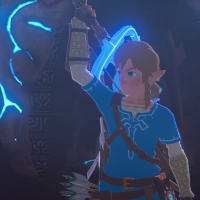 screenshot of Link from Zelda: Breath of the Wild, unsheashing a glowing weapon from his back