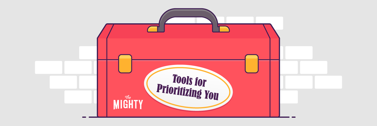 A toolbox on a gray and white background with the words 'tools for prioritizing you' on a white label