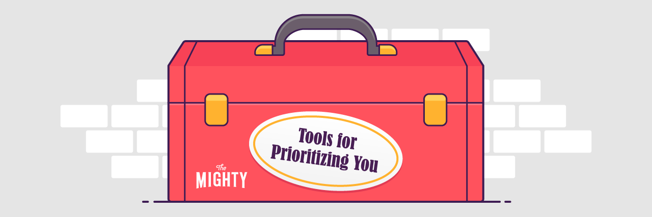 A Digital Resource Toolkit for Prioritizing Your Mental Health A toolbox on a gray and white background with the words 'tools for prioritizing you' on a white label
