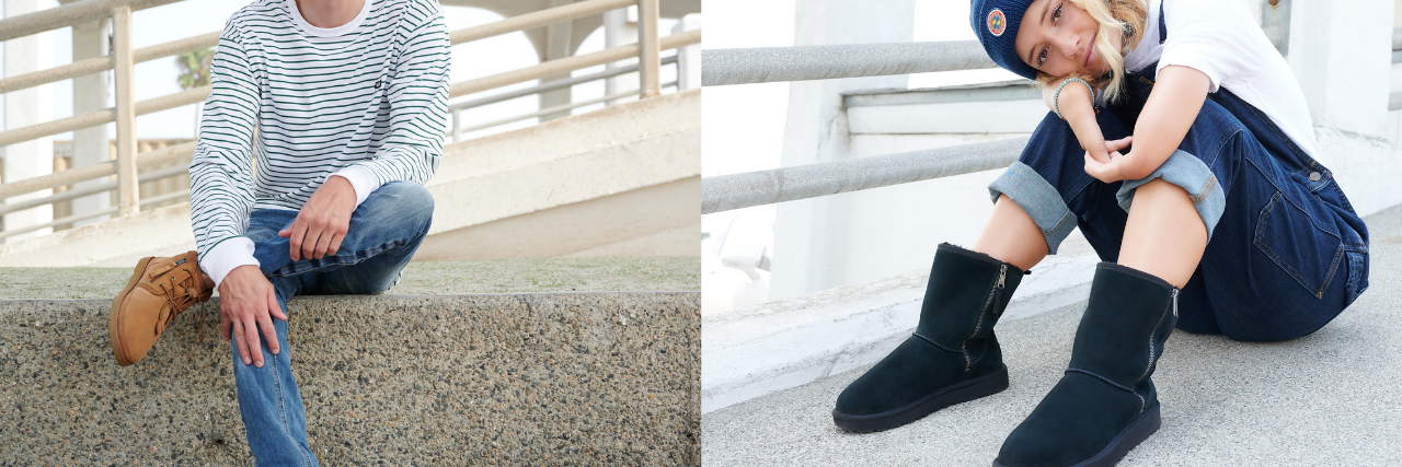 [Left] a male model wearing UGG boots [Right] A female model wearing UGG boots