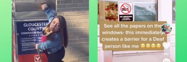 [Left] The opening to a drop box for voting is out of a woman's reach [Right] flyers block a window