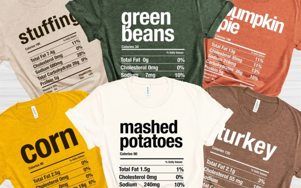 screenshot of thanksgiving t-shirts showing calorie counts and nutritional information from retailer Jane